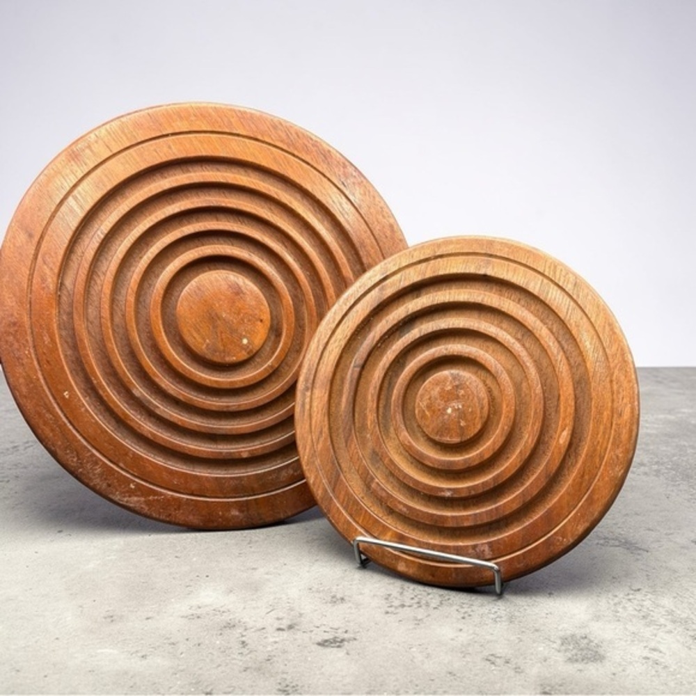 VTG Set Of 2 Hand Crafted Solid Black Walnut Wooden Round Trivets Candle Holder